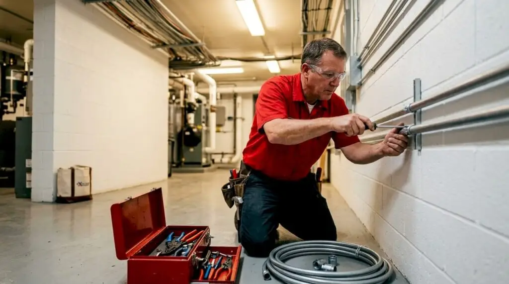 Electrician installing conduit in commercial basement