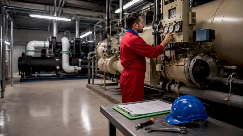 HVAC technician inspecting chiller plant equipment