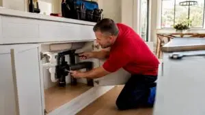 Man inspecting home hot water recirculation plumbing