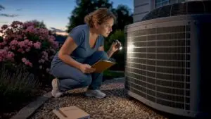 Homeowner inspecting HVAC condenser unit outdoors