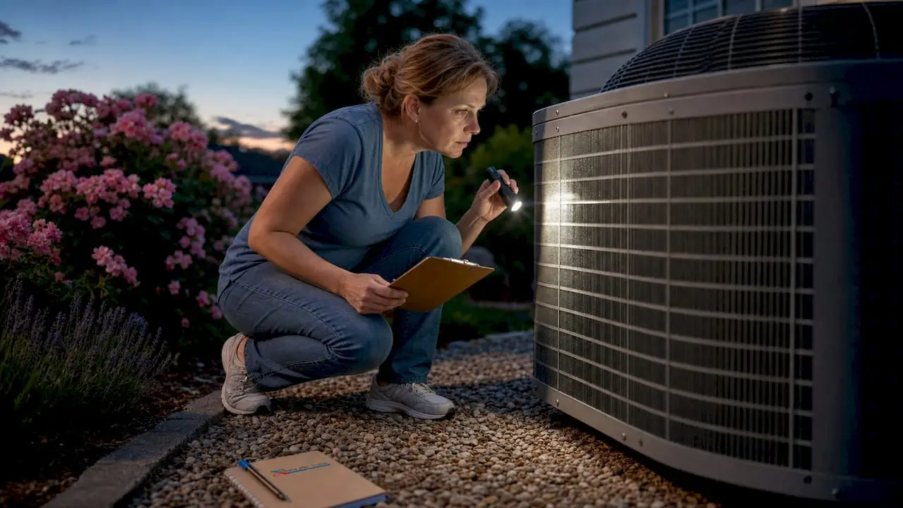 Homeowner inspecting HVAC condenser unit outdoors