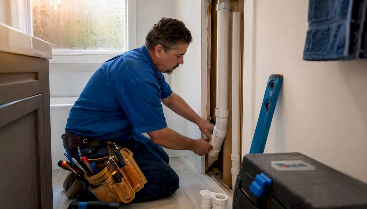 Plumber checking slope on drain pipe in basement