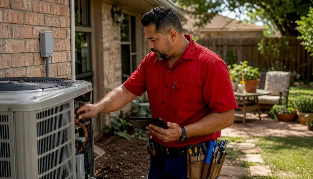 HVAC technician inspecting unit outside Texas home