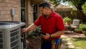 HVAC technician inspecting unit outside Texas home
