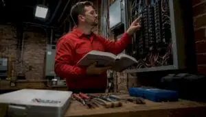 Electrician inspecting commercial electrical panel
