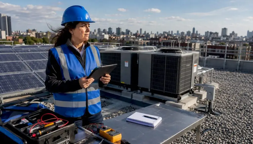 Energy auditor inspecting commercial building HVAC
