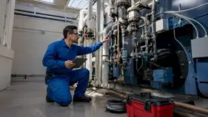Technician inspecting commercial boiler system