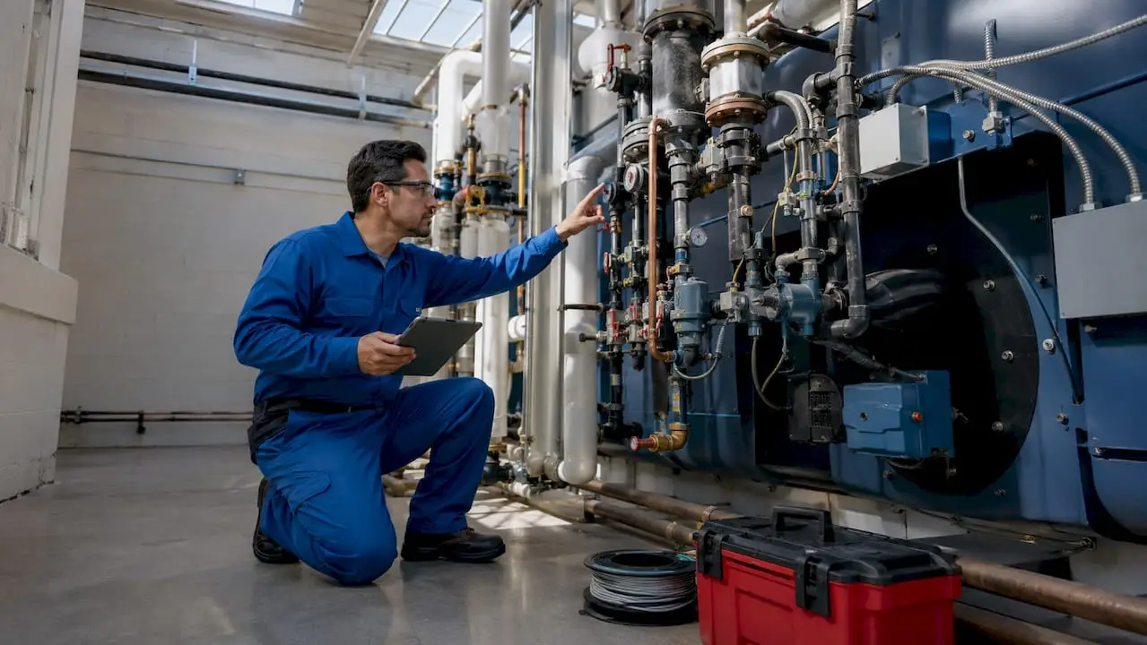 Technician inspecting commercial boiler system