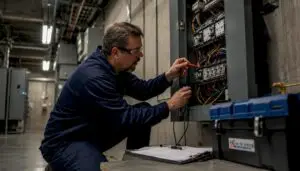 Electrician inspecting electrical panel in industrial room