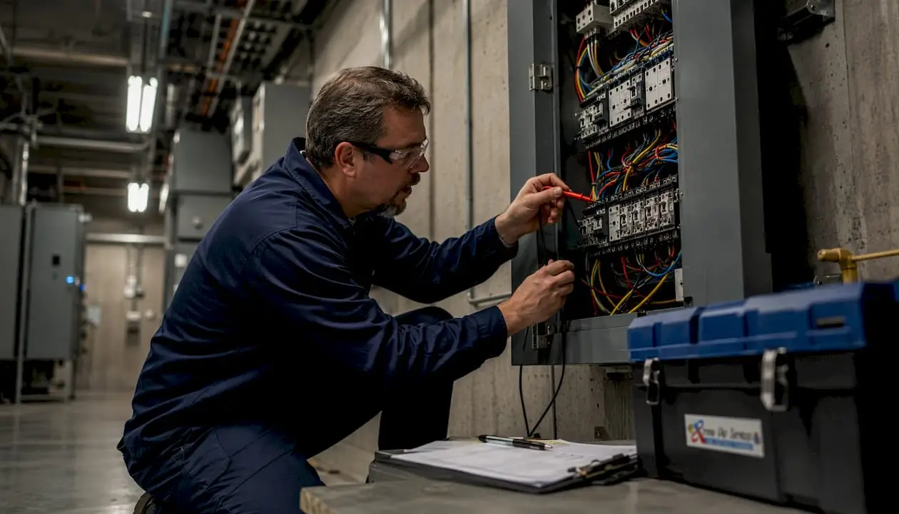 Electrician inspecting electrical panel in industrial room
