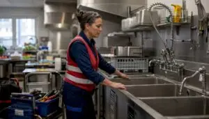 Engineer inspecting commercial plumbing fixture