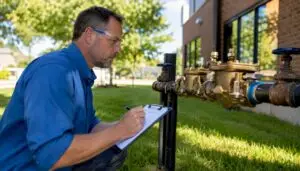 Property manager inspecting commercial backflow preventer