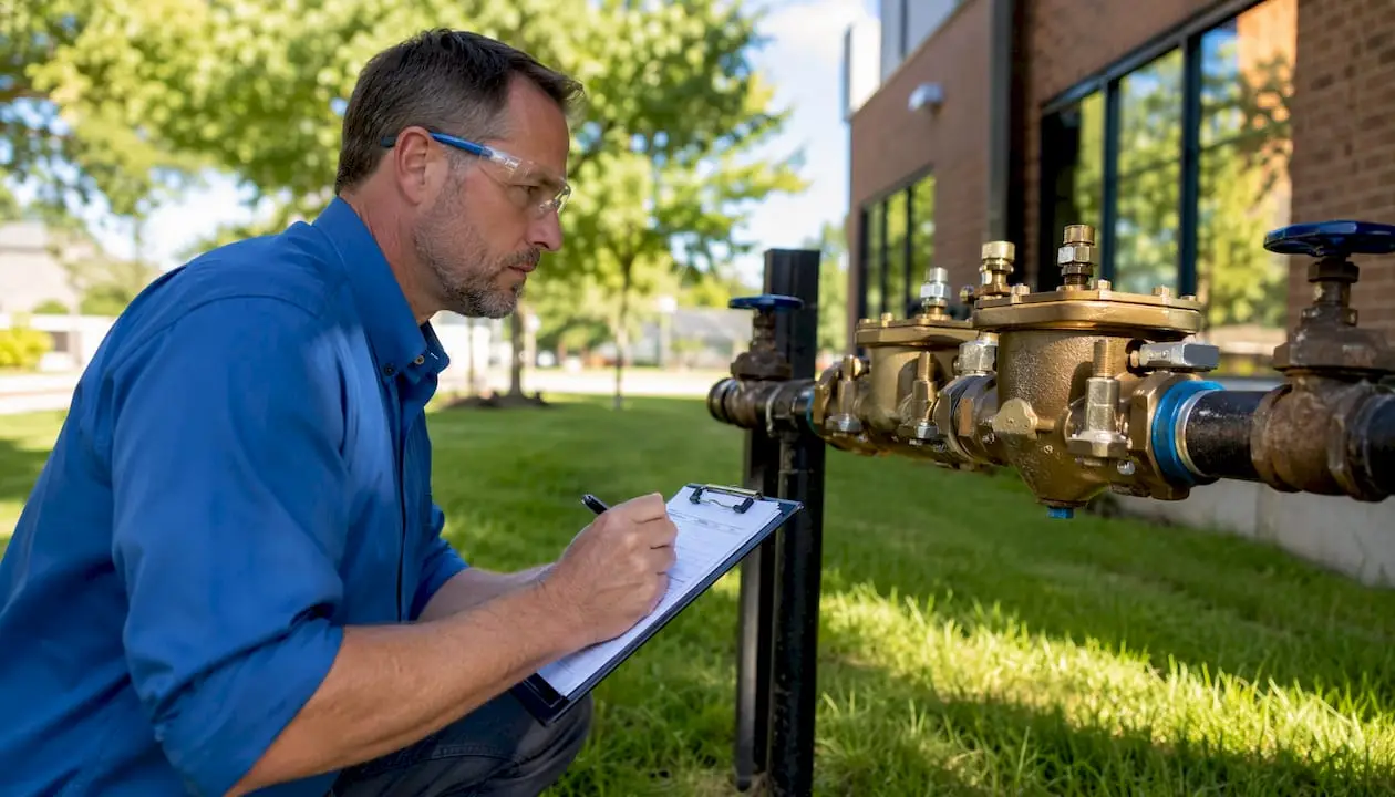 Property manager inspecting commercial backflow preventer