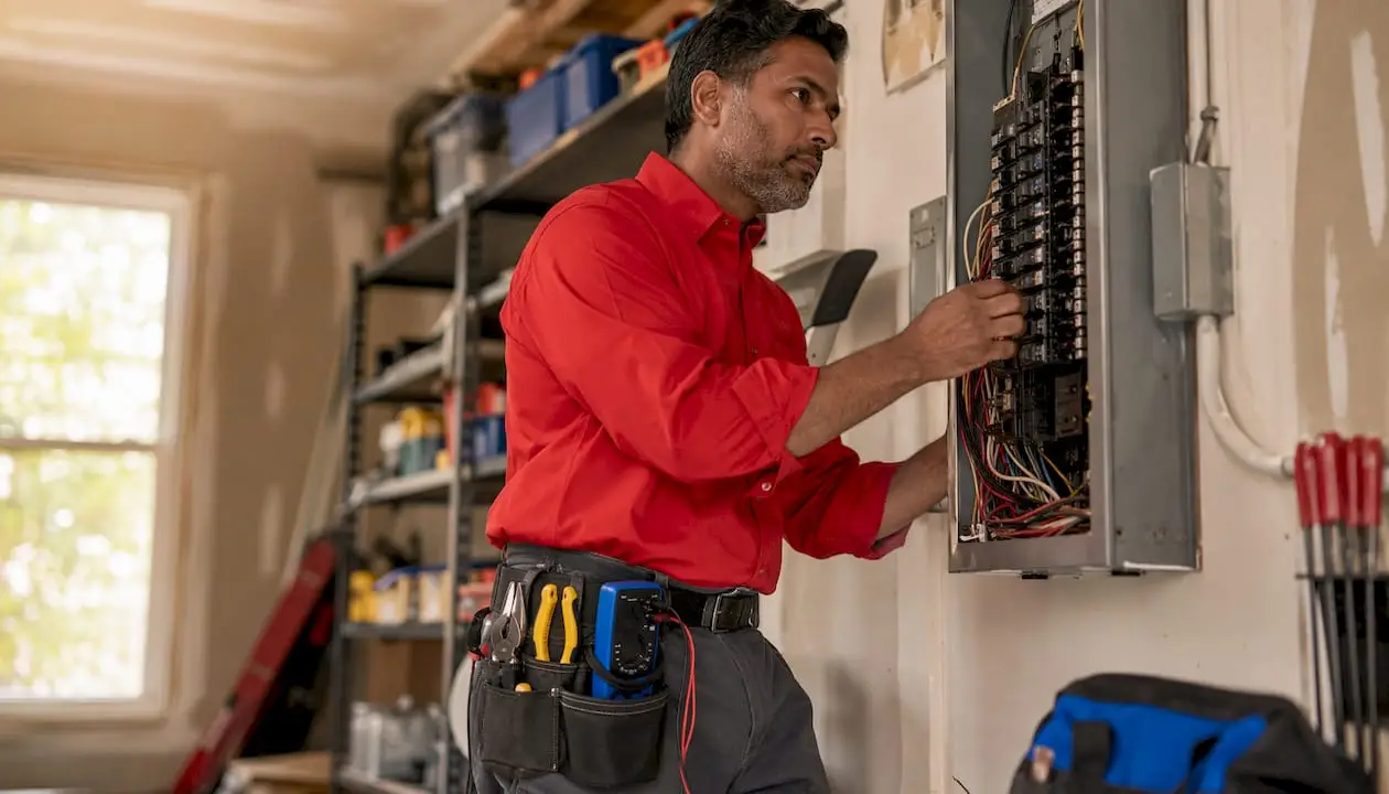 Electrician inspecting home electrical panel