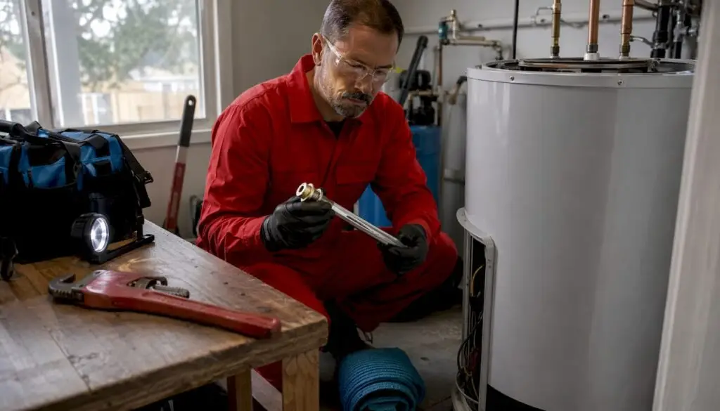 Plumber inspecting water heater anode rod