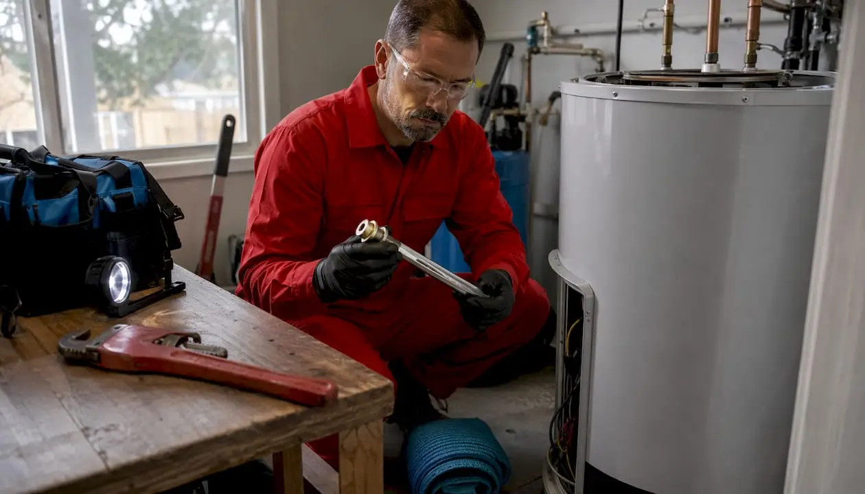 Plumber inspecting water heater anode rod