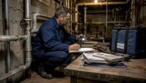 Facilities technician inspecting commercial plumbing pipes