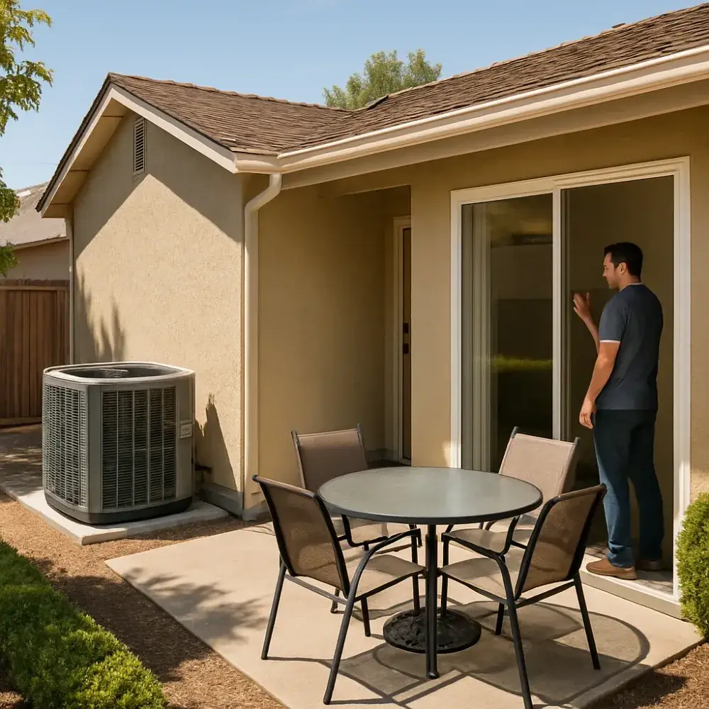 Homeowner adjusting thermostat inside a well-maintained Sunnyvale home with AC unit