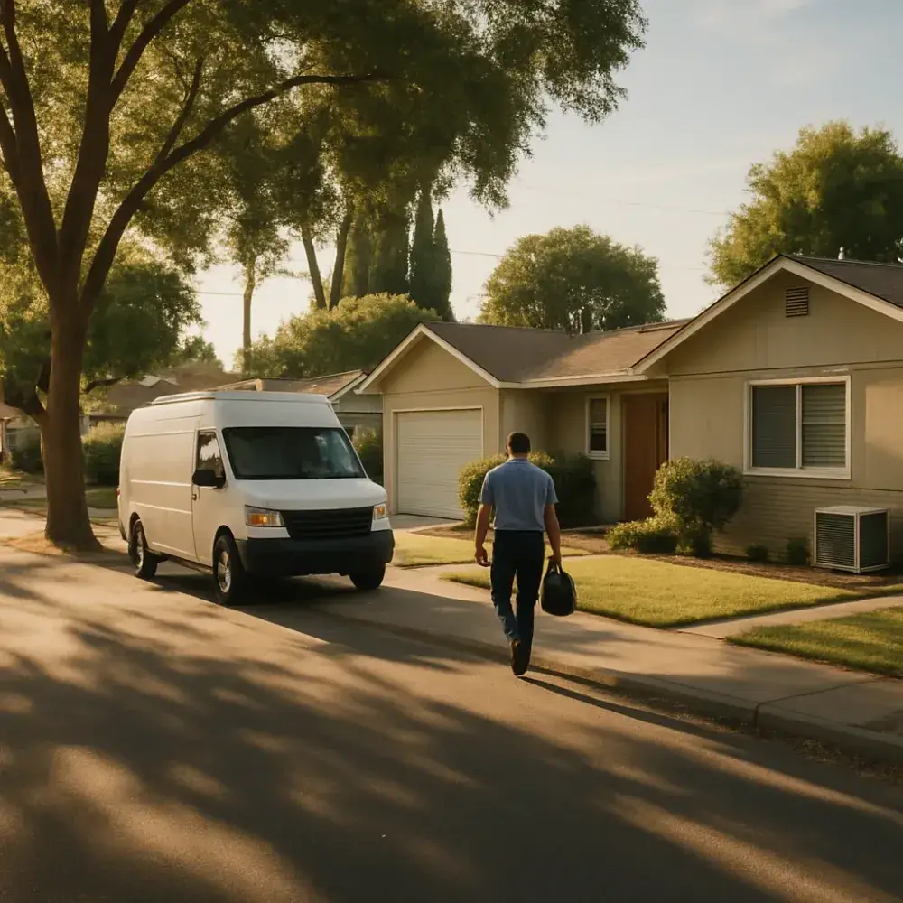 Service truck and technician on a Sunnyvale street with home AC units visible