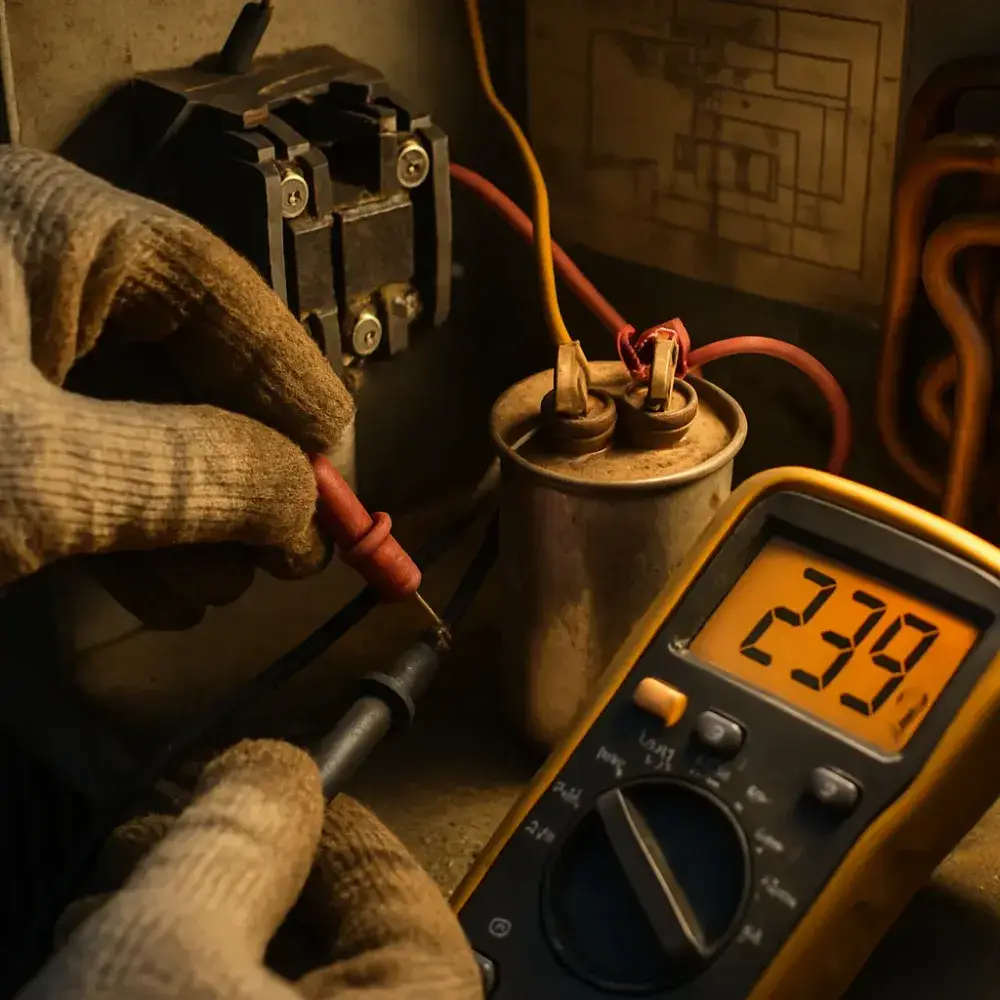 Technician testing AC capacitor with multimeter during repair in Sunnyvale