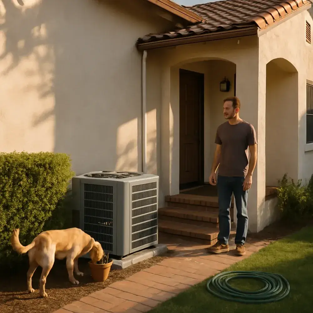 Homeowner and dog outside Sunnyvale house with new AC unit installed