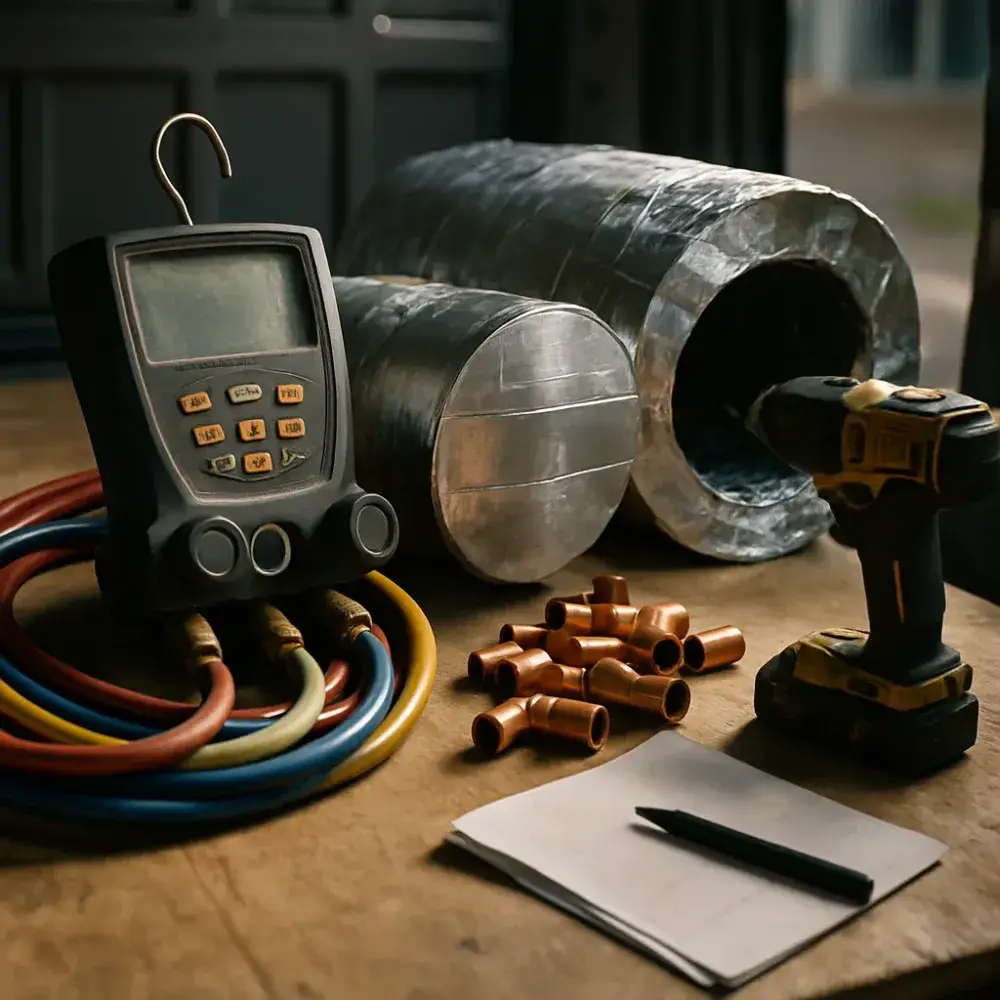 HVAC installation tools and duct parts on Sunnyvale service van workbench