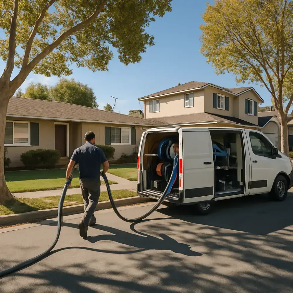 Service van parked on Sunnyvale street between older and newer homes needing duct cleaning