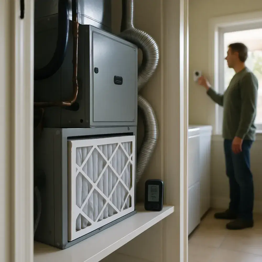 Clean furnace closet with fresh filter and air quality meter in Sunnyvale home
