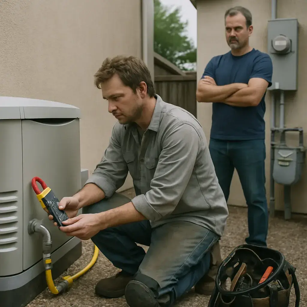 HVAC technician checks gas meter during backup power assessment in Sunnyvale