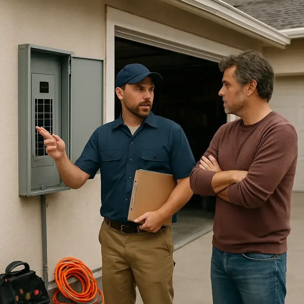 Contractor discussing backup power options with a homeowner in a Sunnyvale driveway