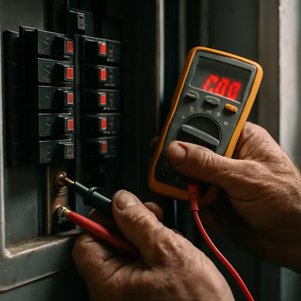 Close-up of multimeter testing electrical panel breakers for backup power assessment