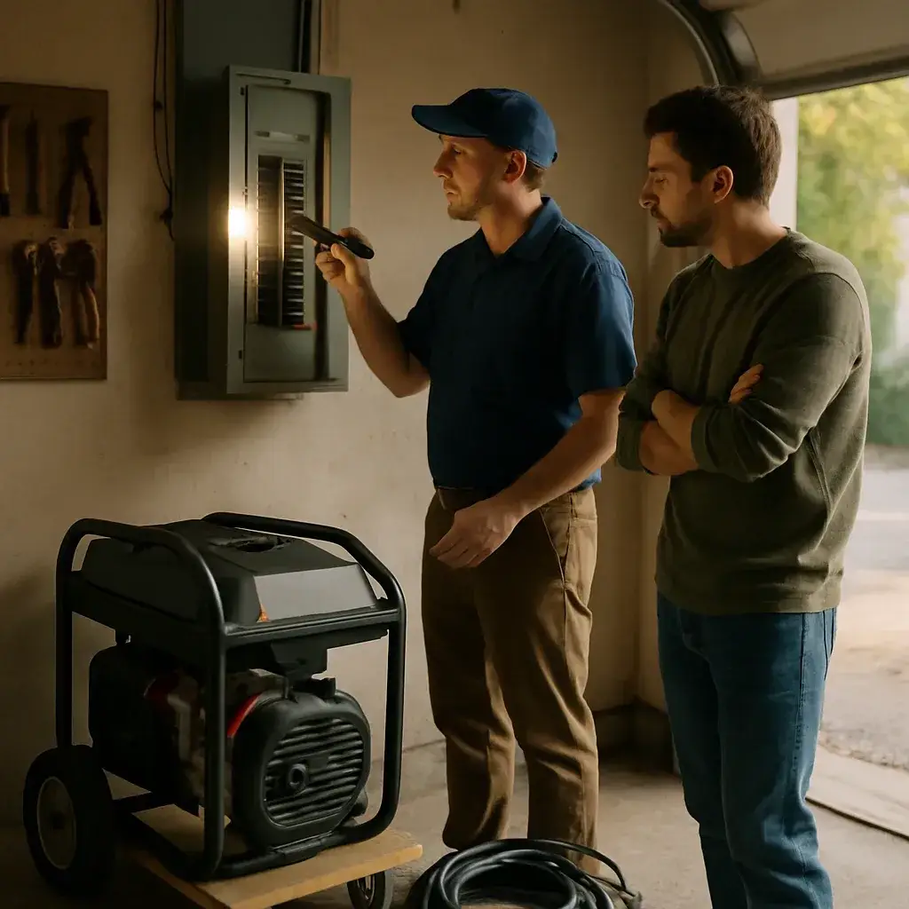 HVAC contractor reviews backup power assessment at home electrical panel in Sunnyvale