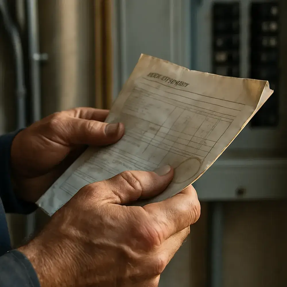 Contractor's hands hold generator spec sheet near panel, backup power assessment Sunnyvale