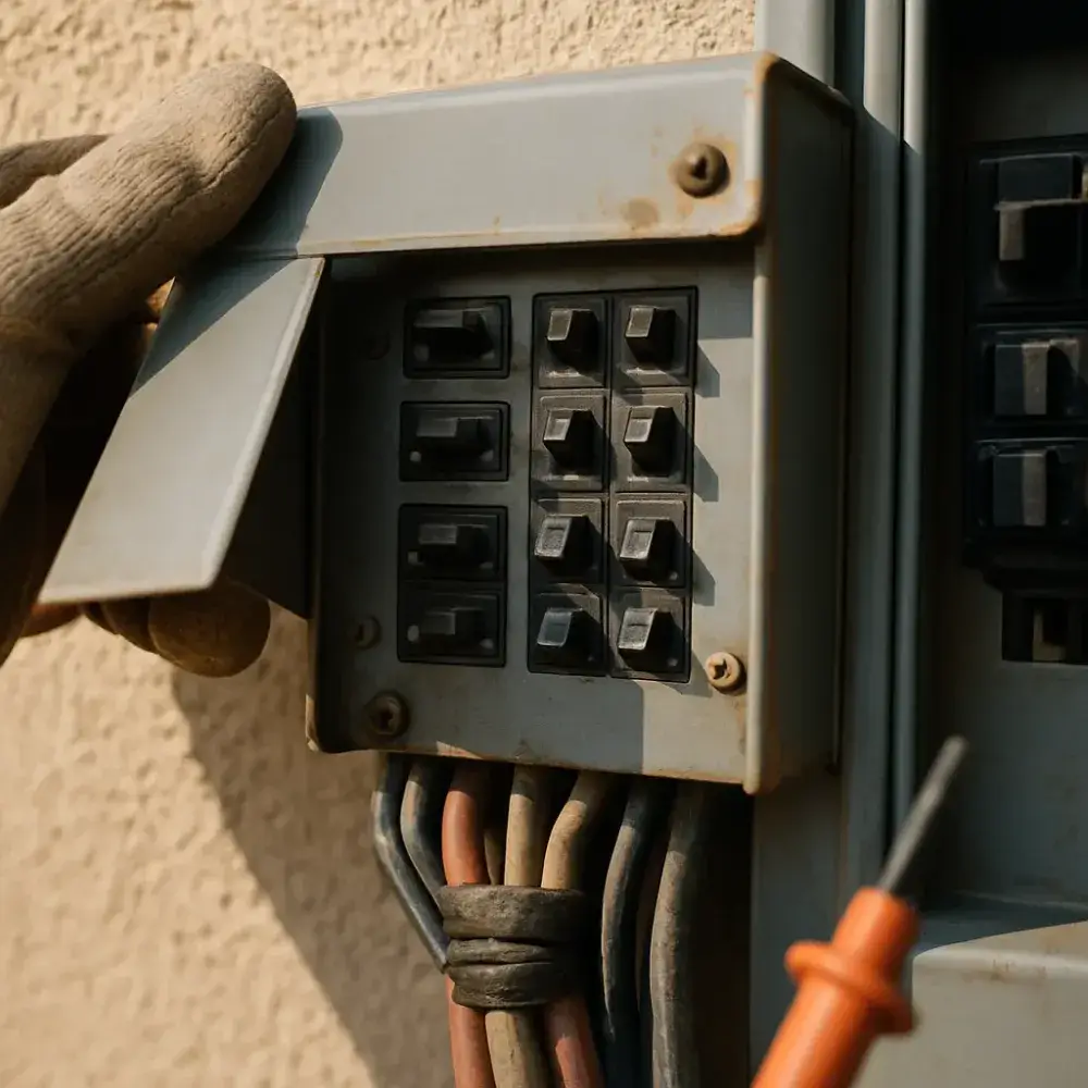 Transfer switch panel inspected during backup power assessment in Sunnyvale home