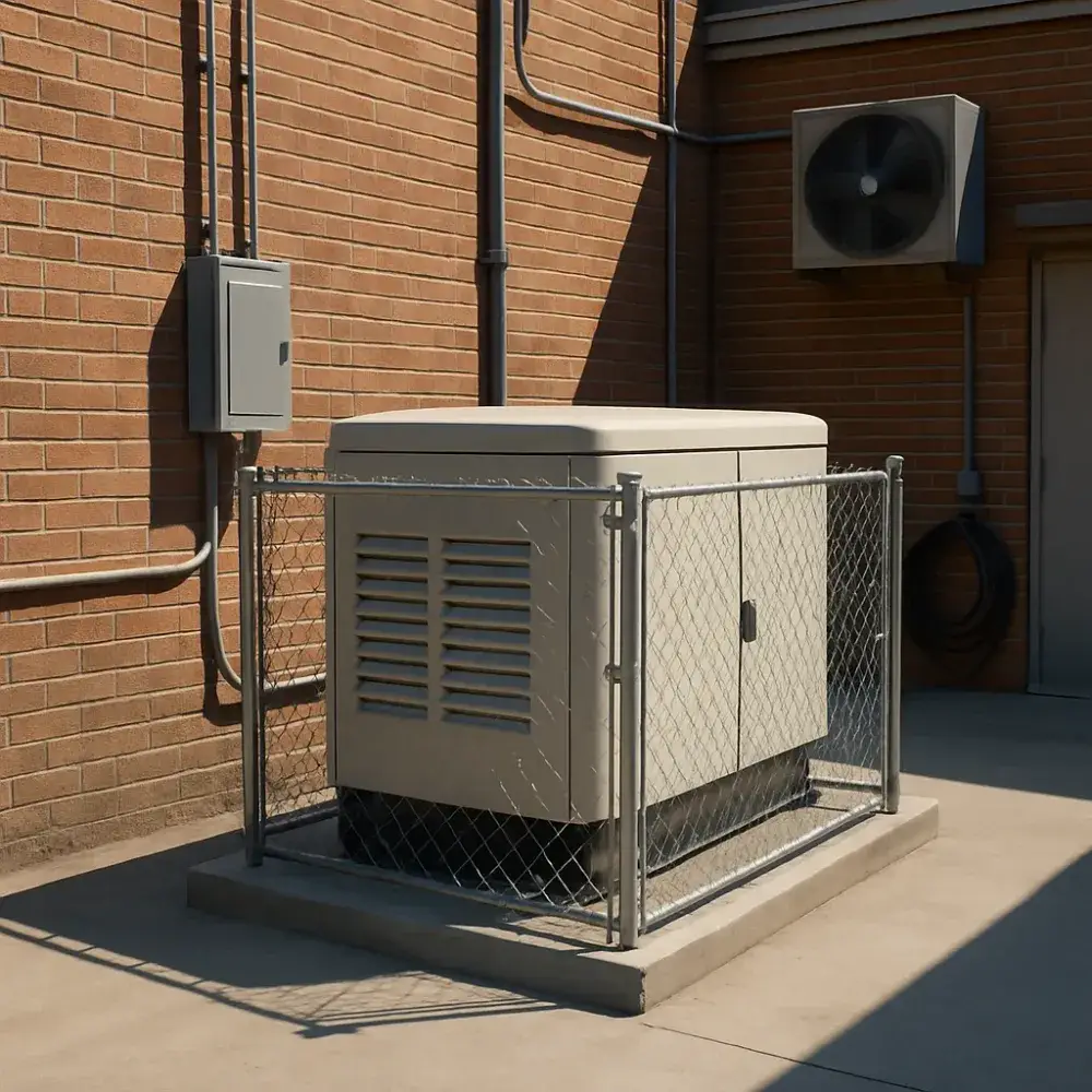 Completed generator installation with transfer switch at Sunnyvale business exterior