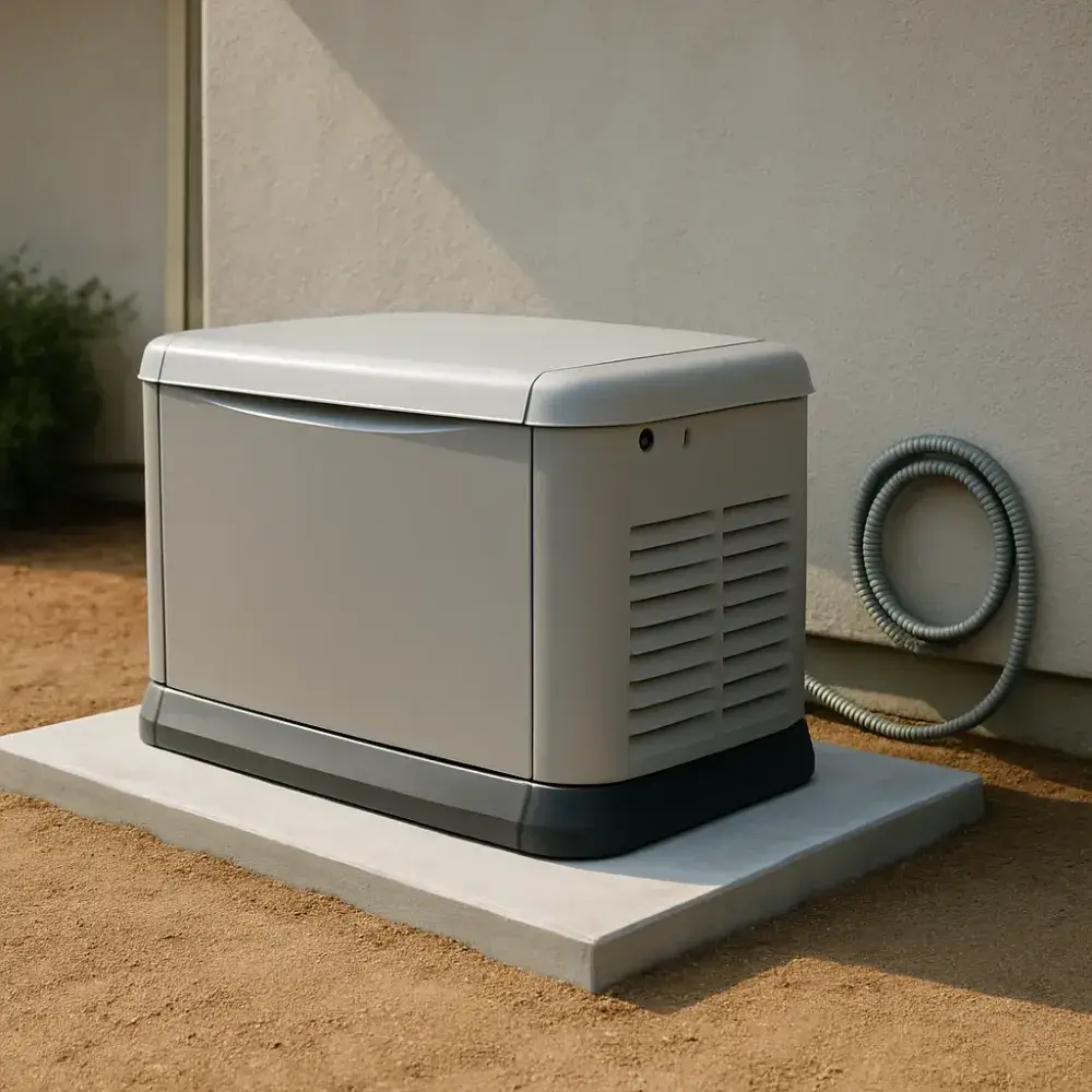 Completed generator pad installation with mounted unit at Sunnyvale house