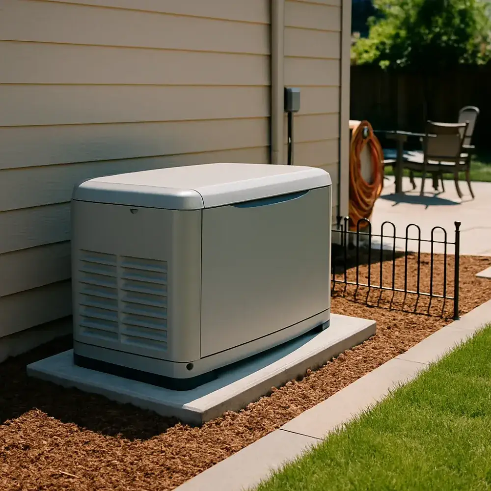 Finished standby generator unit installed in Sunnyvale backyard near patio