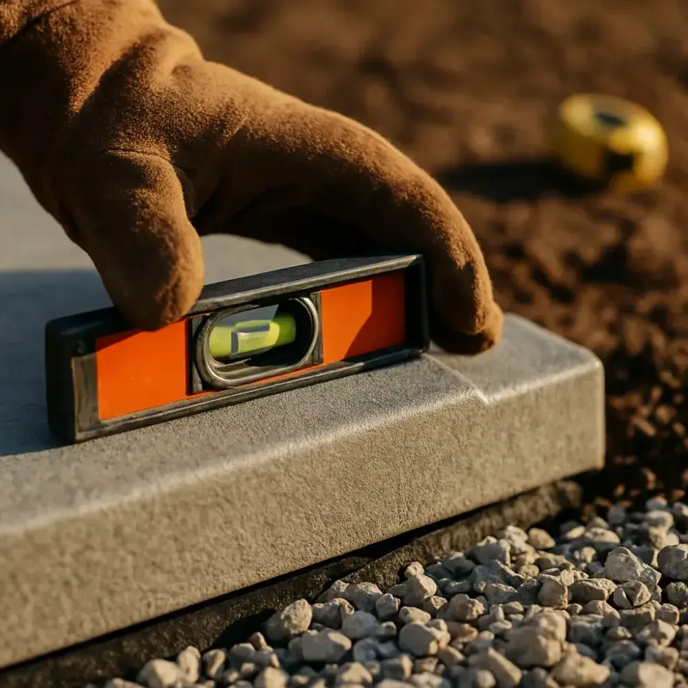 Hand leveling composite generator pad near gravel bed in Sunnyvale yard