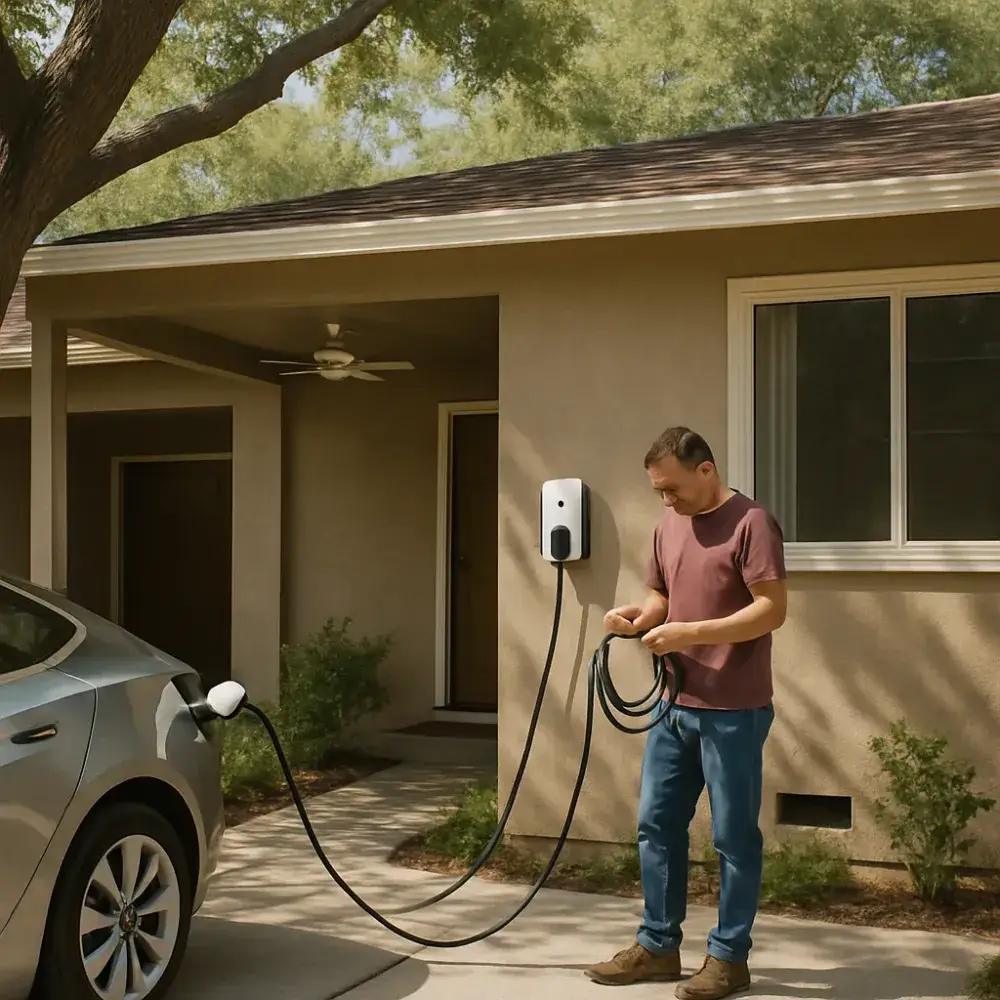 Sunnyvale home with EV charger and homeowner reflecting completed electrician upgrades