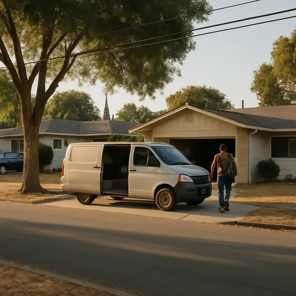 Service van and technician on Sunnyvale residential street during electrical service call