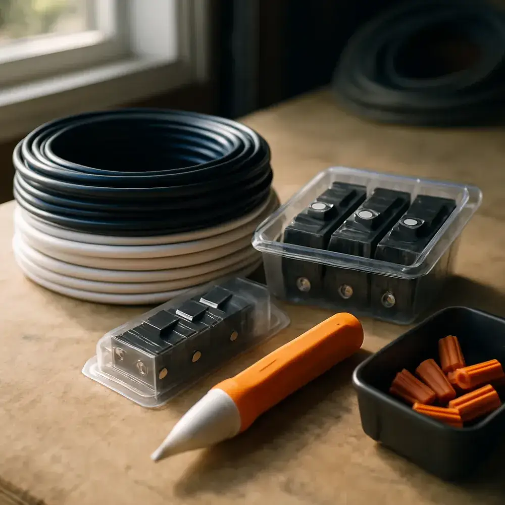 Electrical wire, breakers, and voltage tester on workbench for Sunnyvale electrician services