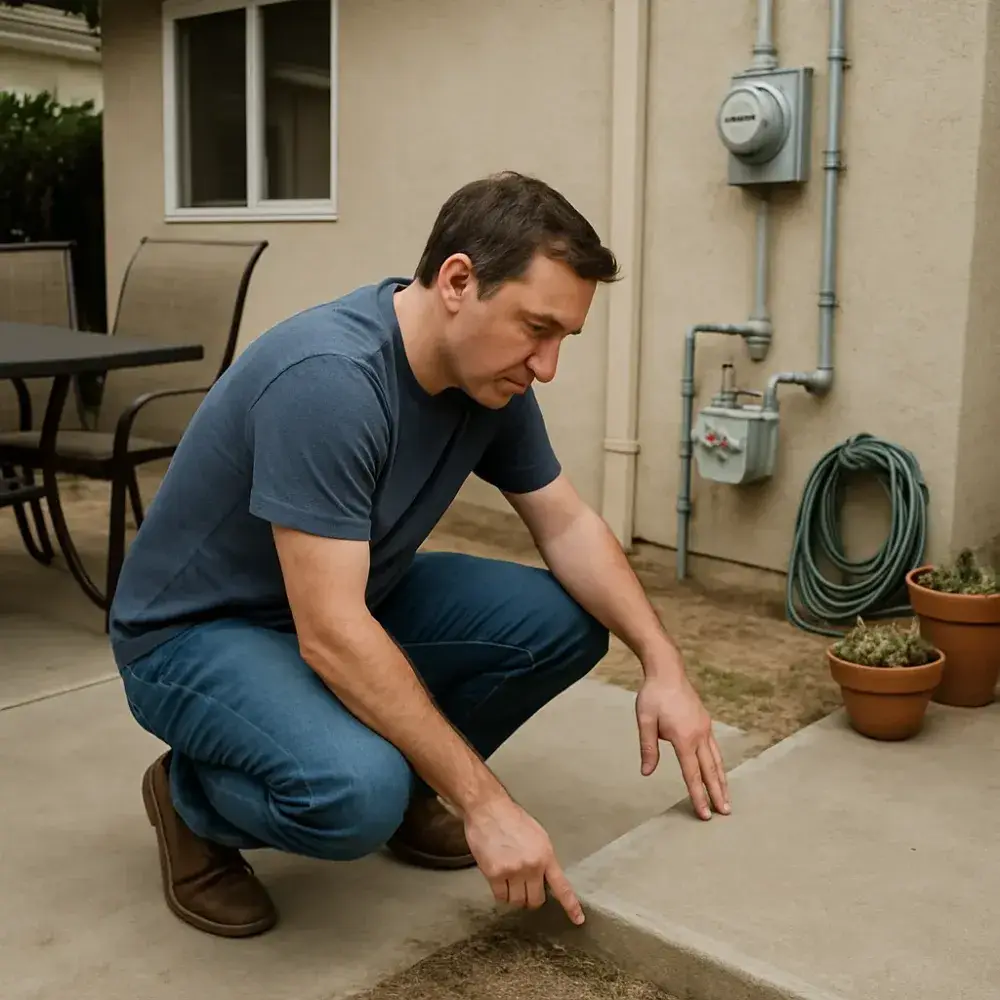 Homeowner examining existing patio slab for generator pad use in Sunnyvale