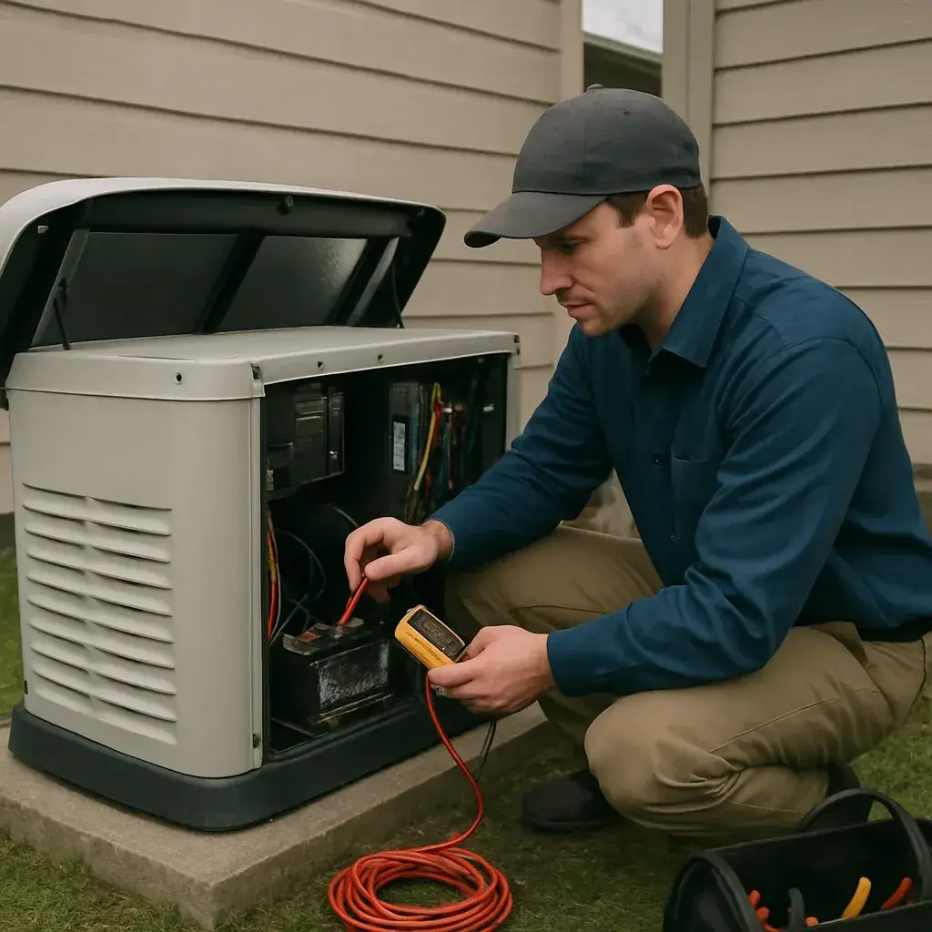 Technician checks generator battery voltage during annual service in Sunnyvale