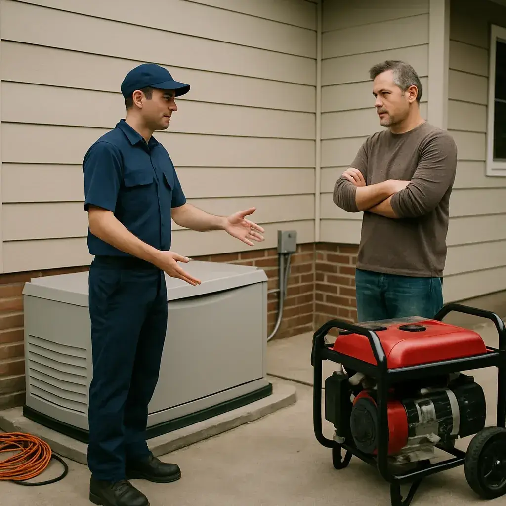 Technician explains generator annual service fit to homeowner in Sunnyvale driveway