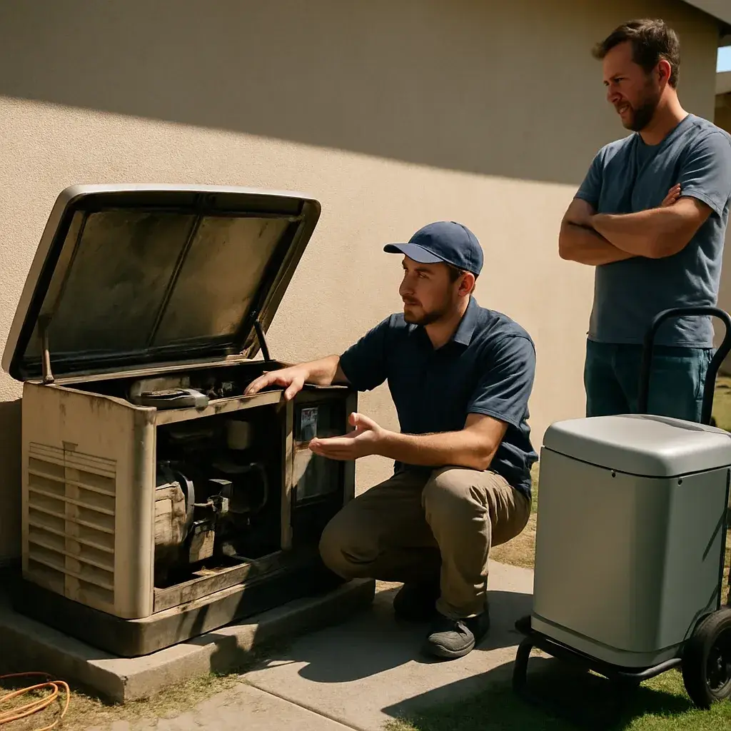 Technician comparing old and new generator units during annual service visit