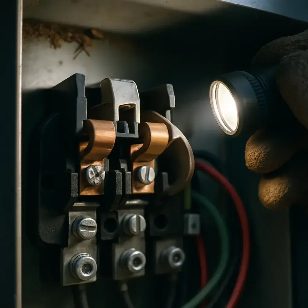 generator-annual-service-transfer-switch-inspection-closeup Flashlight inspection of generator transfer switch contacts in Sunnyvale service