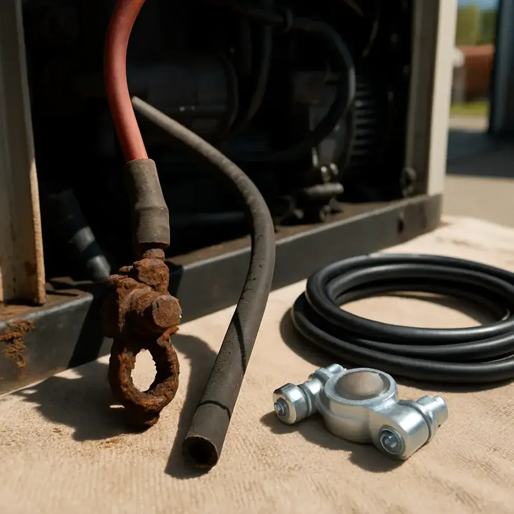 generator-annual-service-worn-parts-vs-new-parts-evidence Corroded generator parts next to new replacement parts on drop cloth