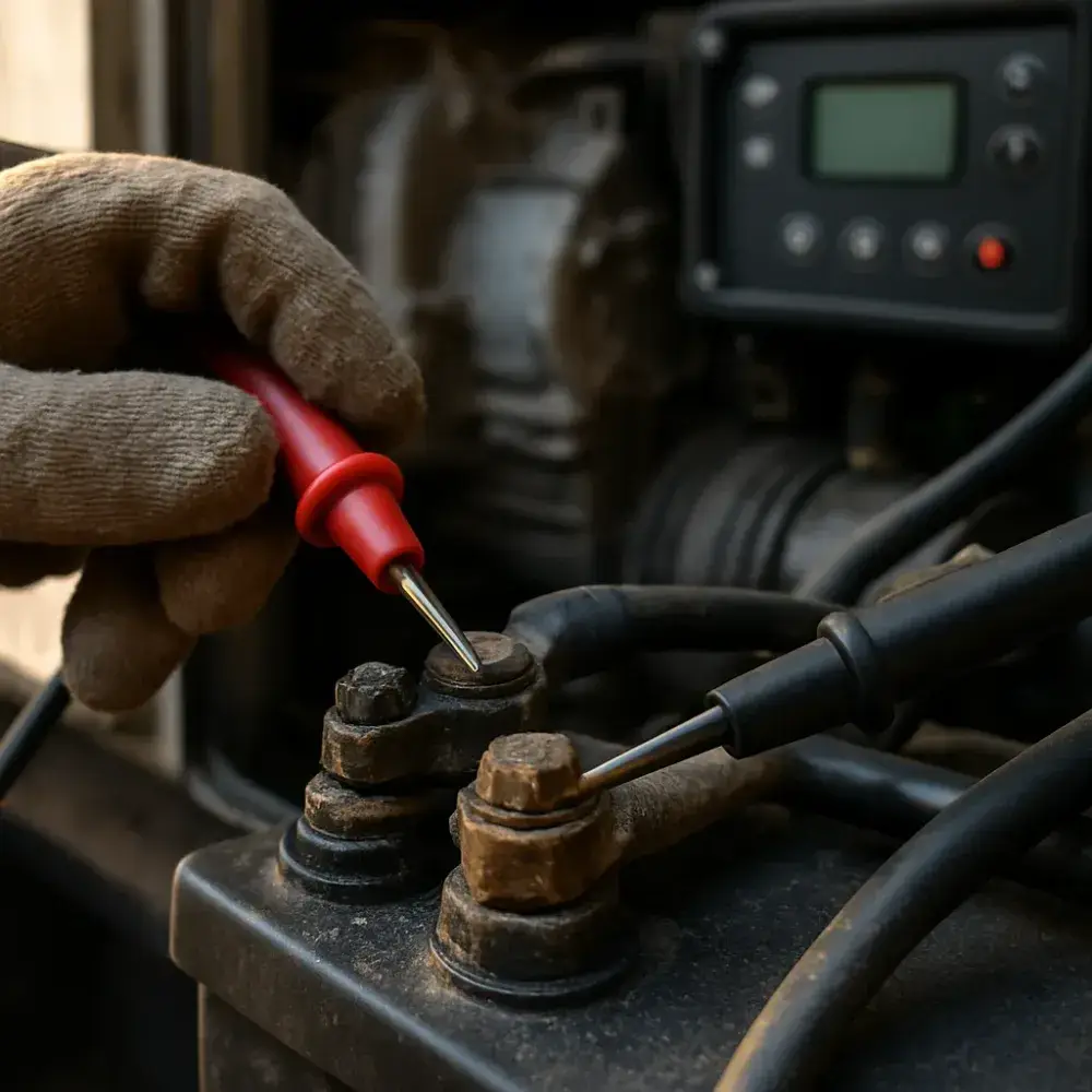 Close-up of technician testing generator battery terminals during annual service in Sunnyvale