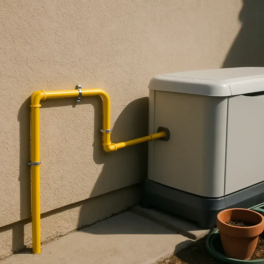 Finished generator fuel line pipe secured along home exterior wall in Sunnyvale