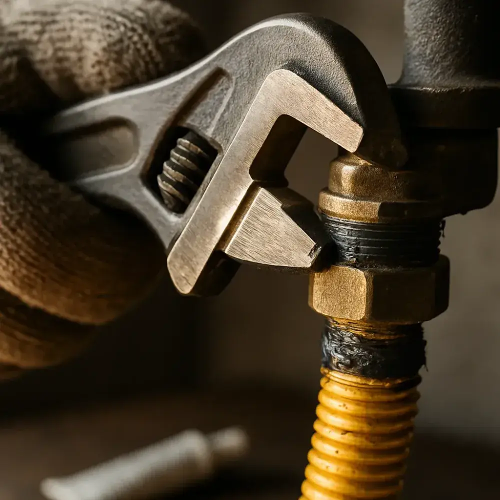 Close-up of wrench tightening flexible gas fitting for generator fuel line in Sunnyvale